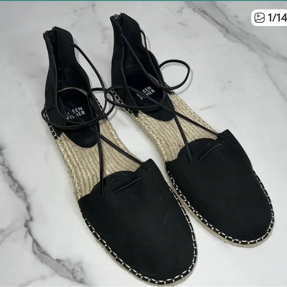 Eileen Fisher Sandal Elastic Lace Up Espadrille Women Shoe Black Leather Size 11 - Picture 2 of 6